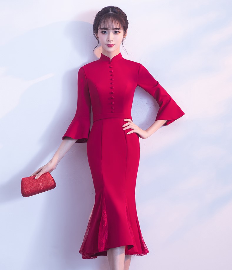 復(fù)古魚尾中式禮服，氣質(zhì)修身晚禮服