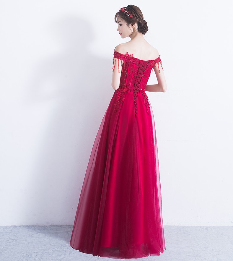 性感一字肩中式禮服，唯美流蘇珠花晚禮服