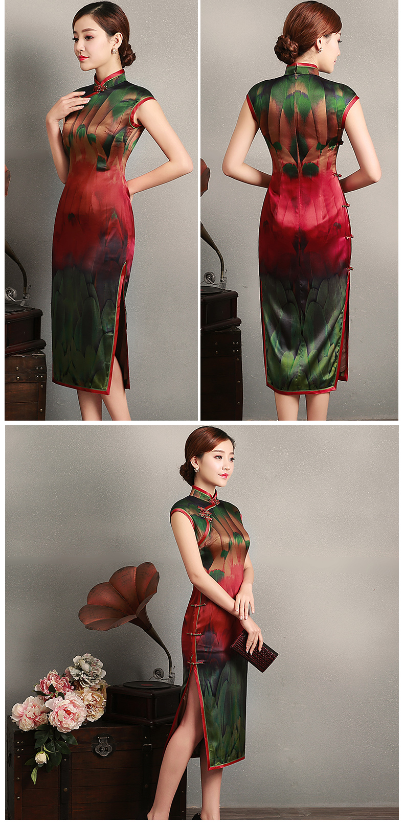 嬌艷短袖旗袍，蠶絲香林旗袍裙