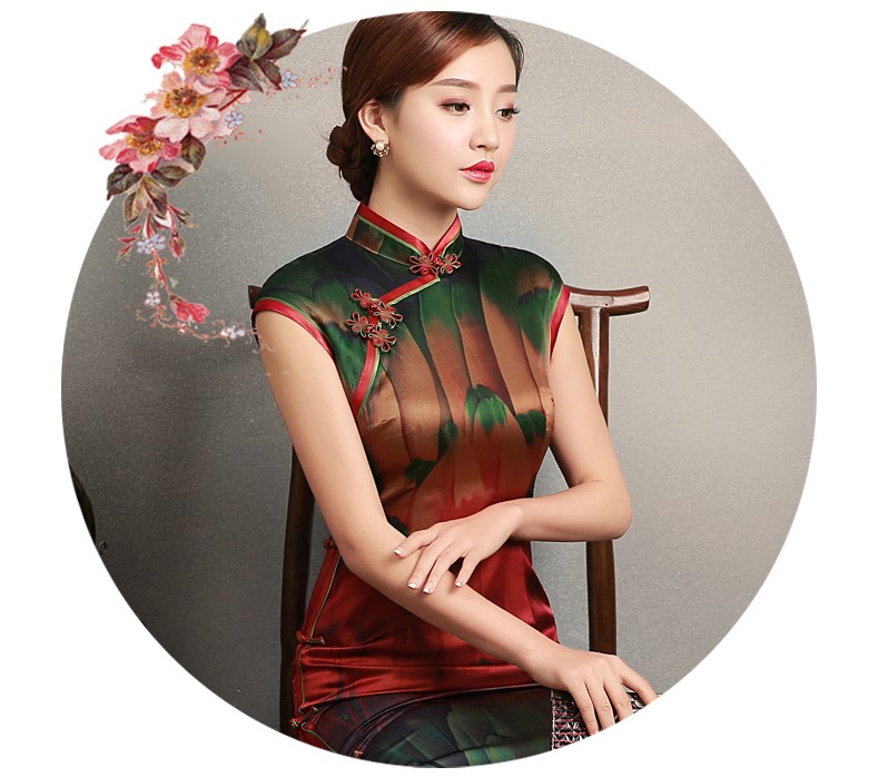 嬌艷短袖旗袍，蠶絲香林旗袍裙