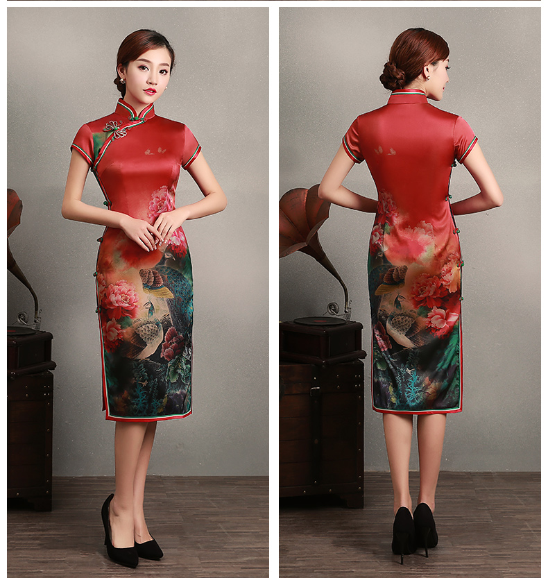 花團(tuán)錦簇短袖旗袍，蠶絲印花旗袍裙