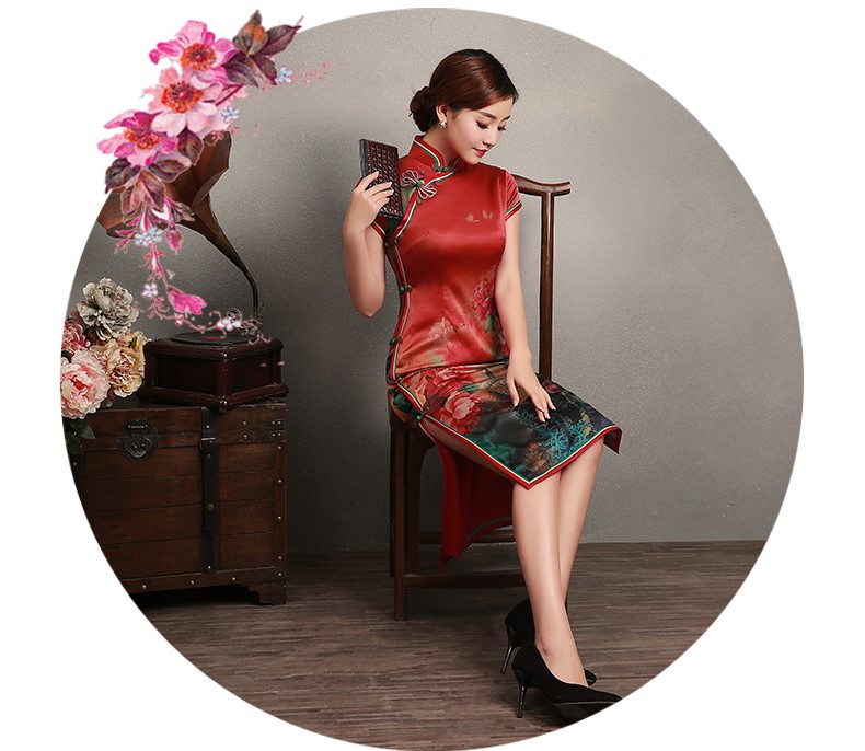 花團(tuán)錦簇短袖旗袍，蠶絲印花旗袍裙