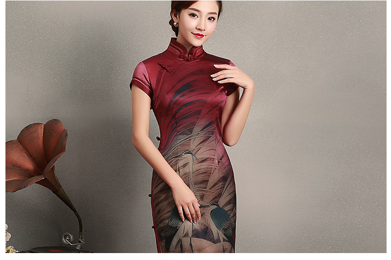 復(fù)古鶴短袖旗袍，蠶絲印花旗袍裙