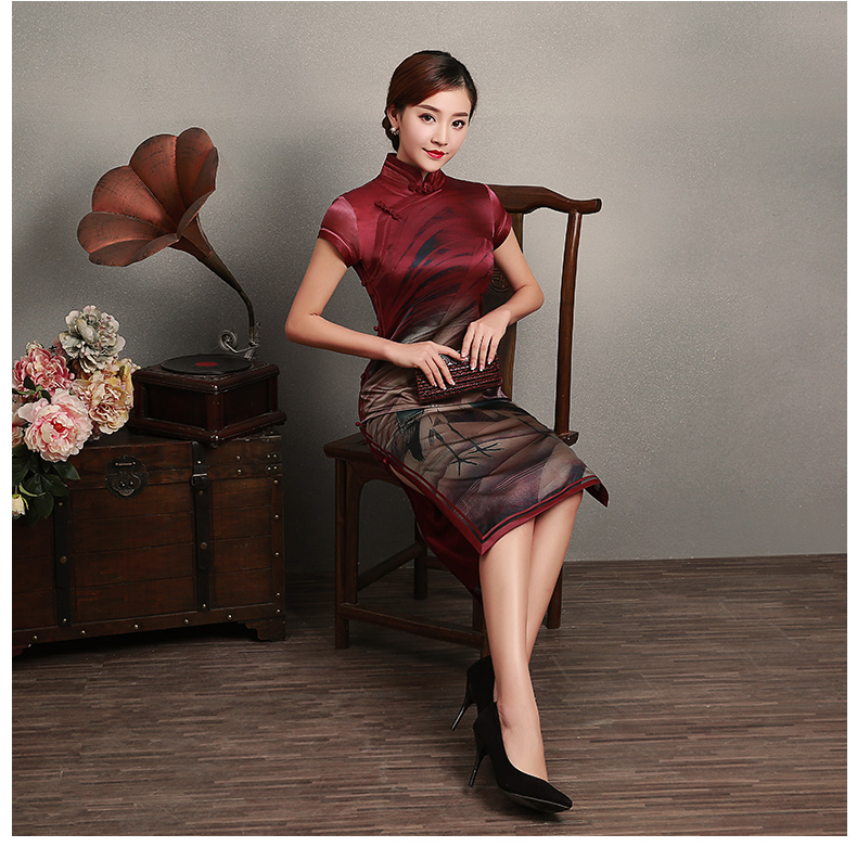 復(fù)古鶴短袖旗袍，蠶絲印花旗袍裙