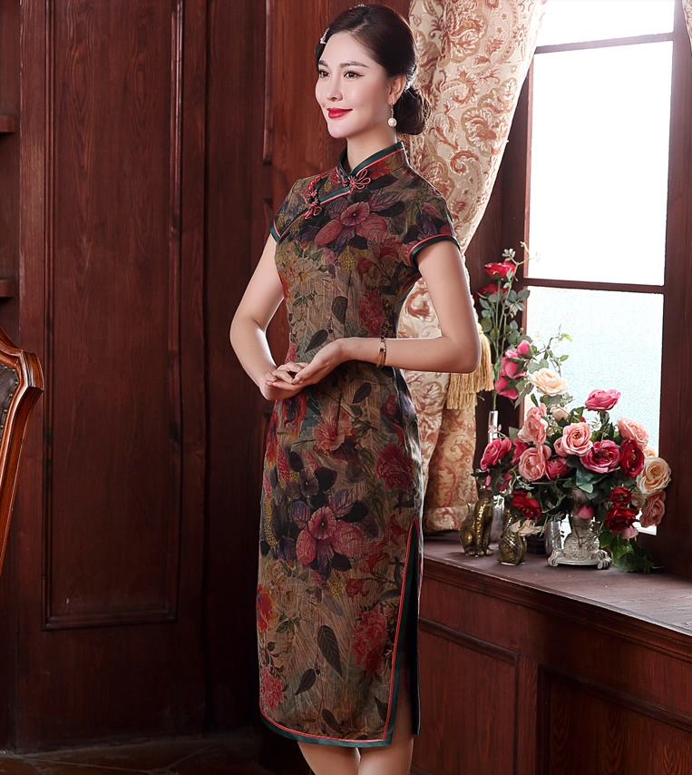 復(fù)古手工盤扣短袖旗袍，蠶絲印花旗袍裙