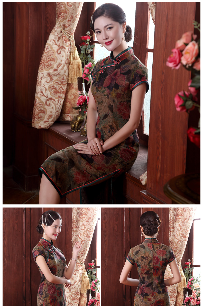 復(fù)古手工盤扣短袖旗袍，蠶絲印花旗袍裙