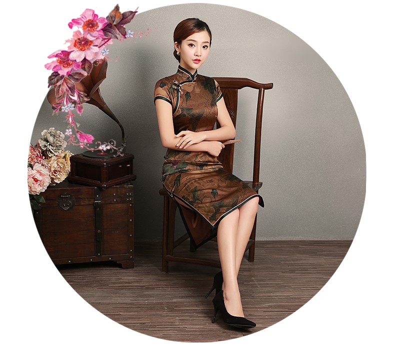 復(fù)古風(fēng)沉今短袖旗袍，蠶絲印花旗袍裙