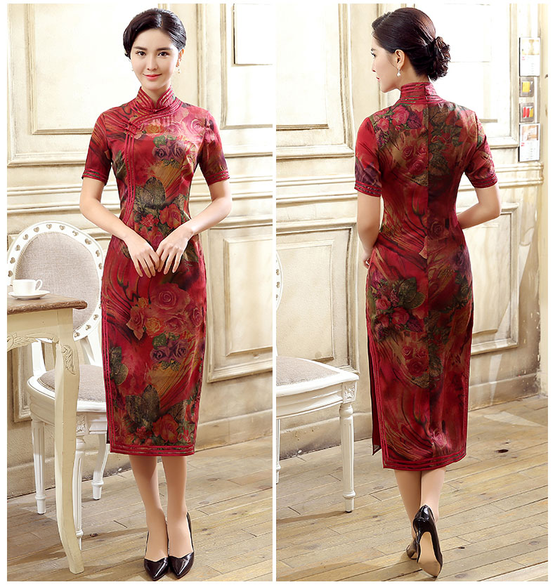 紅色花色短袖旗袍，蠶絲印花旗袍裙