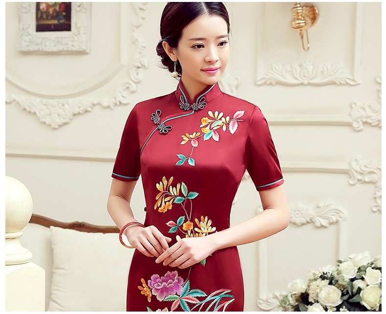 紅色桂花香短袖旗袍，蠶絲刺繡旗袍裙