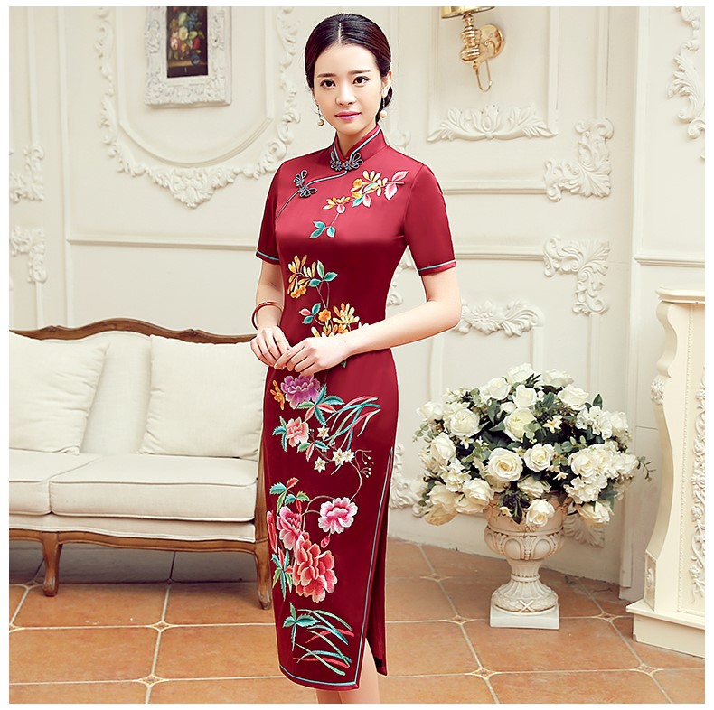 紅色桂花香短袖旗袍，蠶絲刺繡旗袍裙