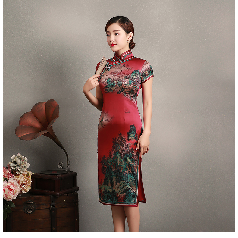 紅色山岳短袖旗袍，蠶絲時尚旗袍裙