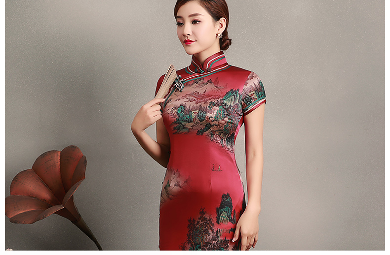 紅色山岳短袖旗袍，蠶絲時尚旗袍裙