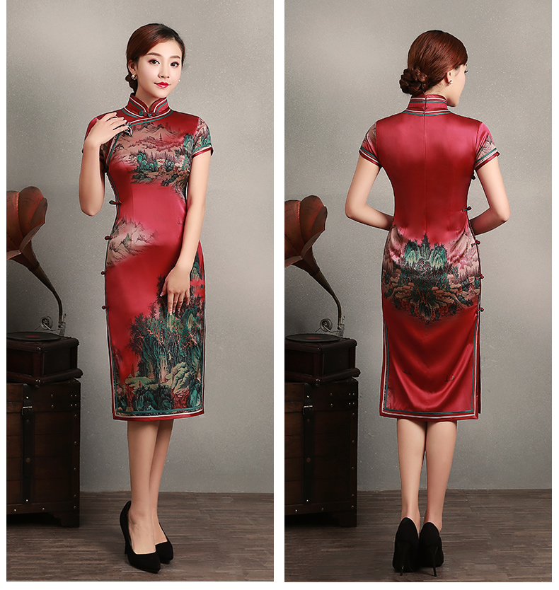 紅色山岳短袖旗袍，蠶絲時尚旗袍裙