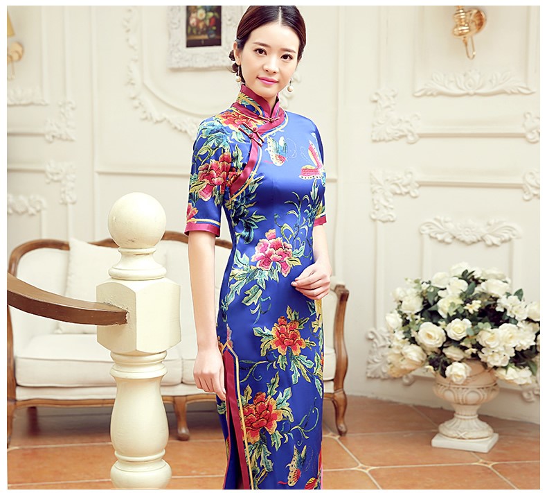 復(fù)古蝶花舞短袖旗袍，蠶絲時(shí)尚旗袍裙