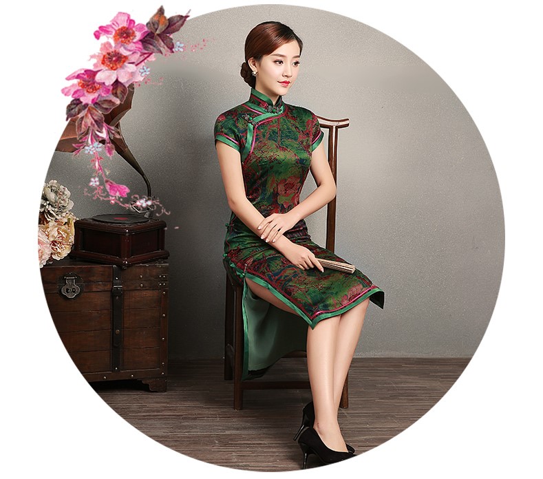 復古墨綠抽象色彩短袖旗袍，蠶絲時尚旗袍裙