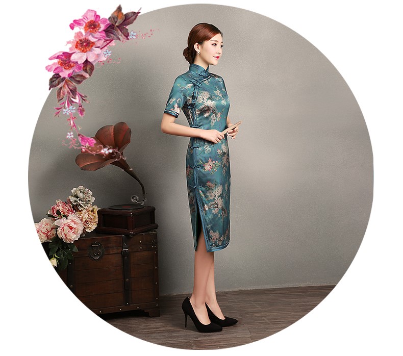 藍(lán)綠色玉梅短袖旗袍，蠶絲時(shí)尚旗袍裙
