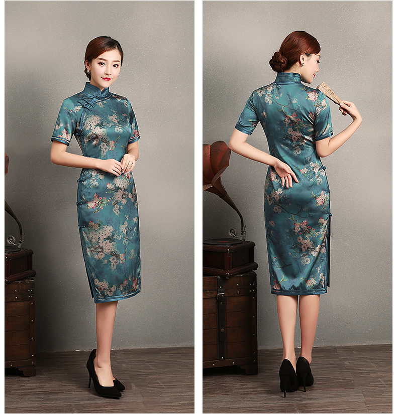 藍(lán)綠色玉梅短袖旗袍，蠶絲時(shí)尚旗袍裙