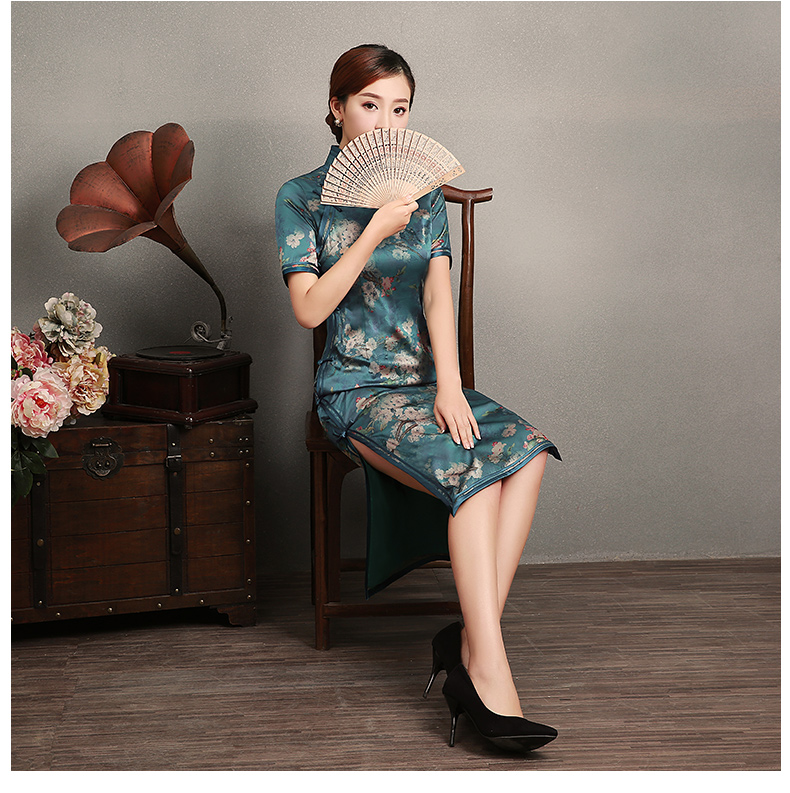 藍(lán)綠色玉梅短袖旗袍，蠶絲時(shí)尚旗袍裙