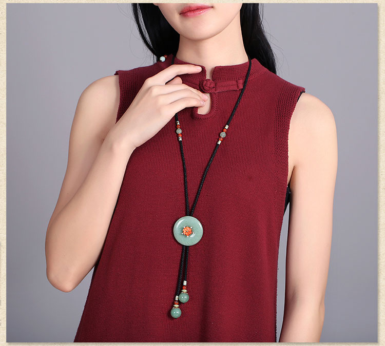 復(fù)古東陵玉平安扣吊墜綠色毛衣鏈項鏈