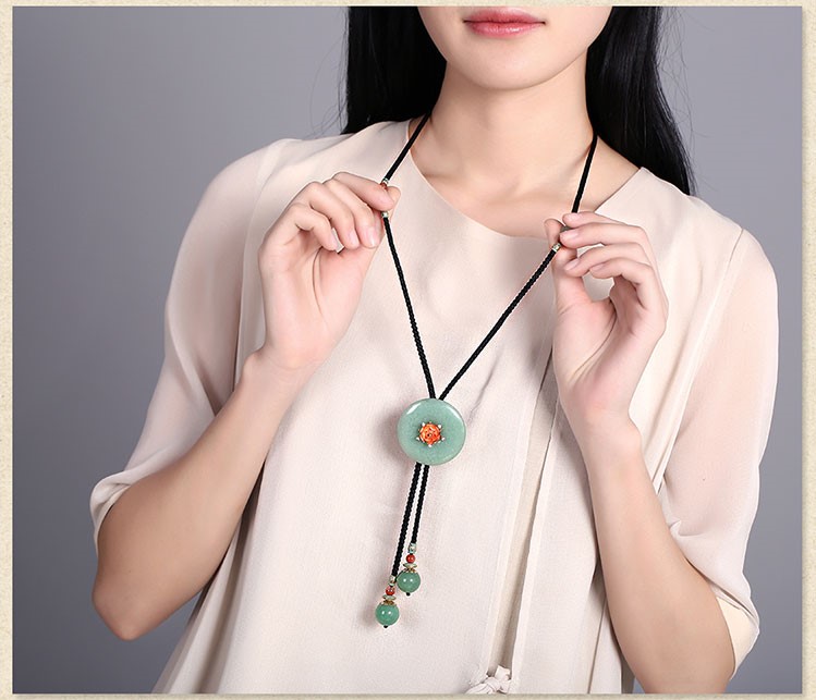 復(fù)古東陵玉平安扣吊墜綠色毛衣鏈項鏈