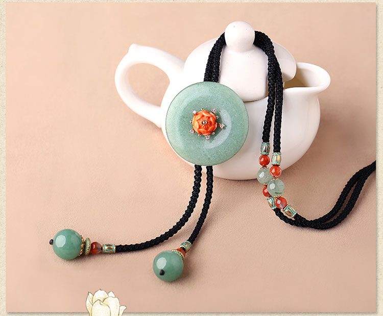 復(fù)古東陵玉平安扣吊墜綠色毛衣鏈項鏈