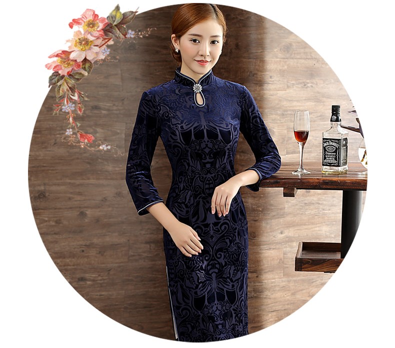 復(fù)古絲絨燒花旗袍，時(shí)尚藍(lán)色中長(zhǎng)款旗袍裙