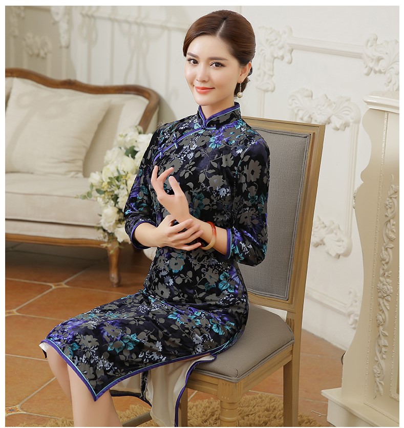 復(fù)古金絲絨燒花旗袍，時(shí)尚中長款旗袍裙