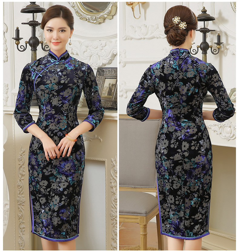 復(fù)古金絲絨燒花旗袍，時(shí)尚中長款旗袍裙