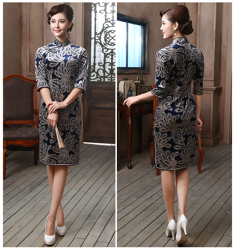 古韻貴媚旗袍，復(fù)古絲絨中袖旗袍裙