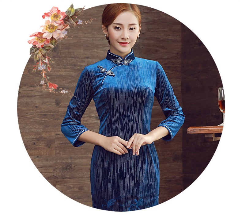 藍(lán)色條花紋旗袍，蕾絲蘭香旗袍裙