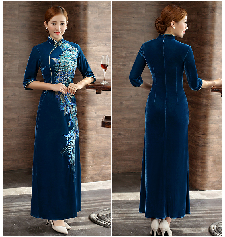 藍(lán)色鳳戀旗袍，絲絨繡花旗袍裙
