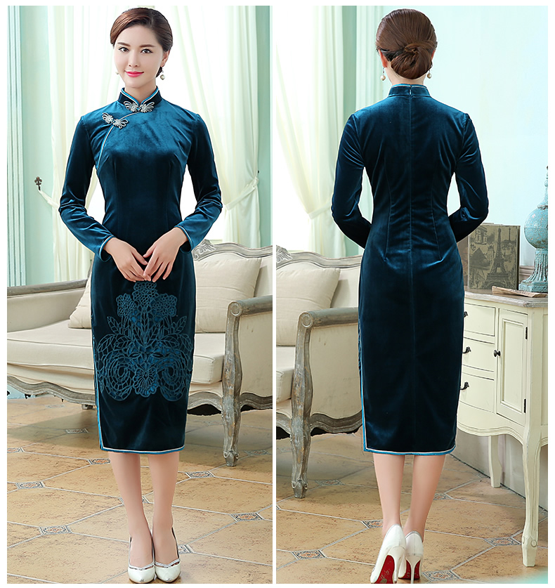 花嫣凹凸繡花旗袍，絲絨古典旗袍裙