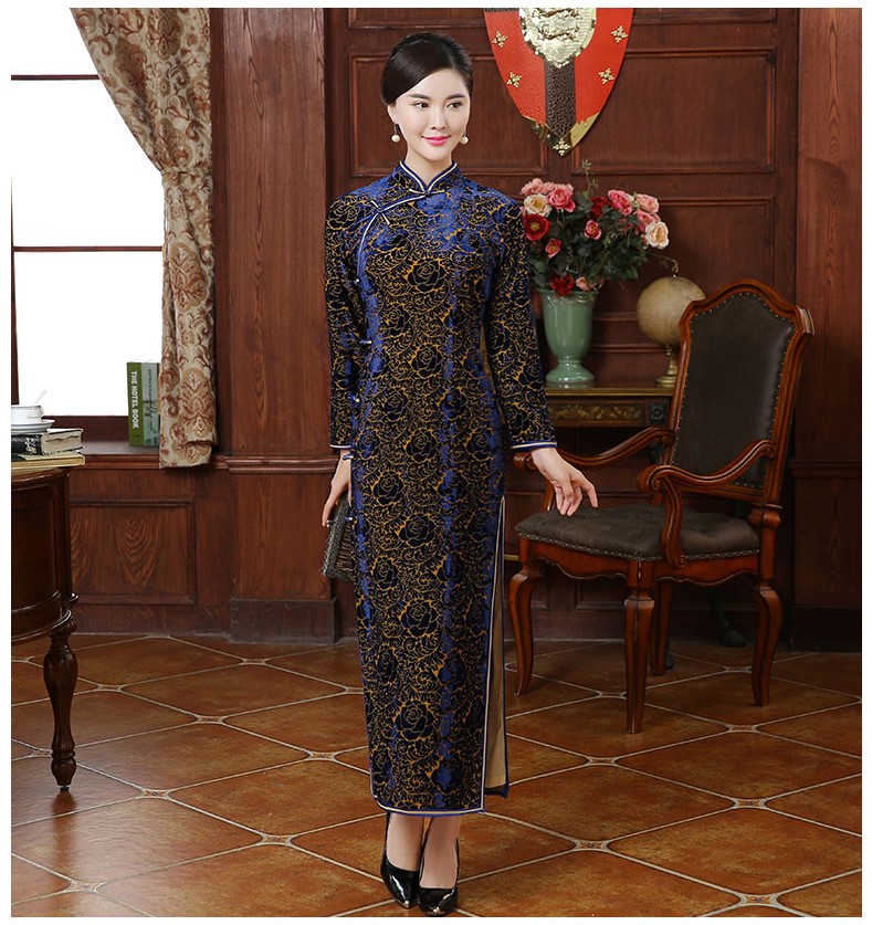 唯美絲絨燒花玫瑰圖案旗袍，情顏長(zhǎng)袖旗袍裙