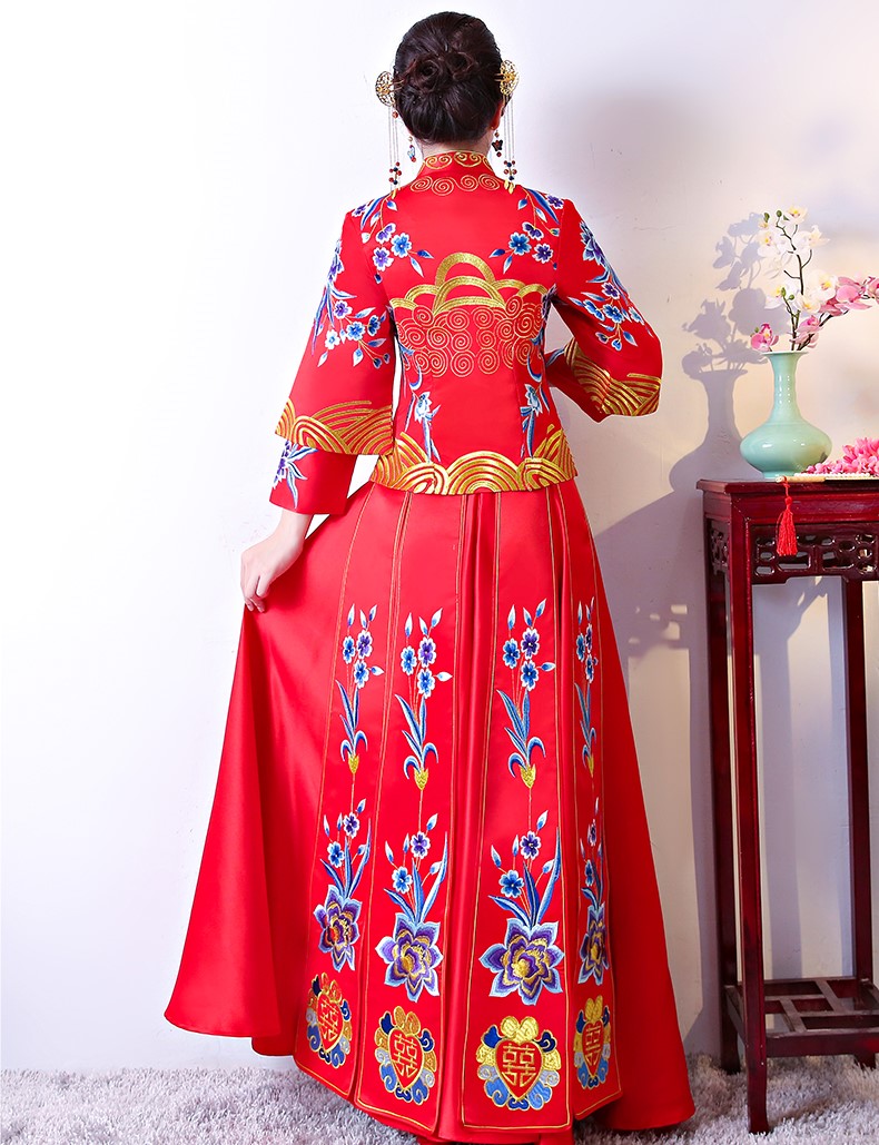 古典家佳樂文學(xué)中式禮服，牡丹多喜刺繡新娘禮服