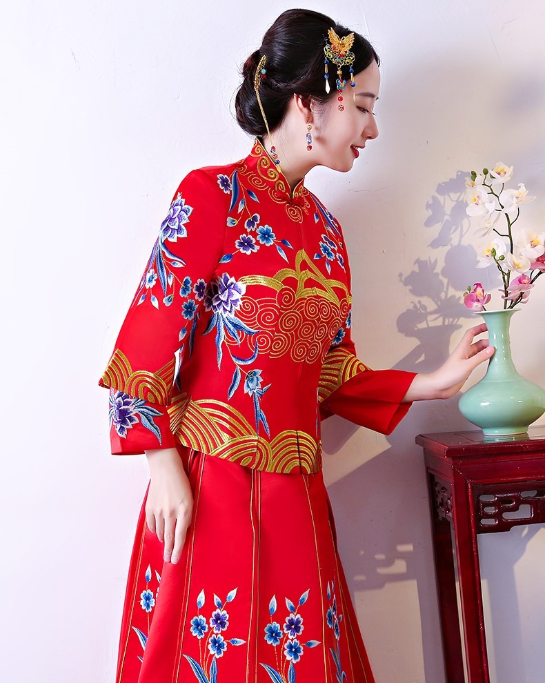 古典家佳樂文學(xué)中式禮服，牡丹多喜刺繡新娘禮服