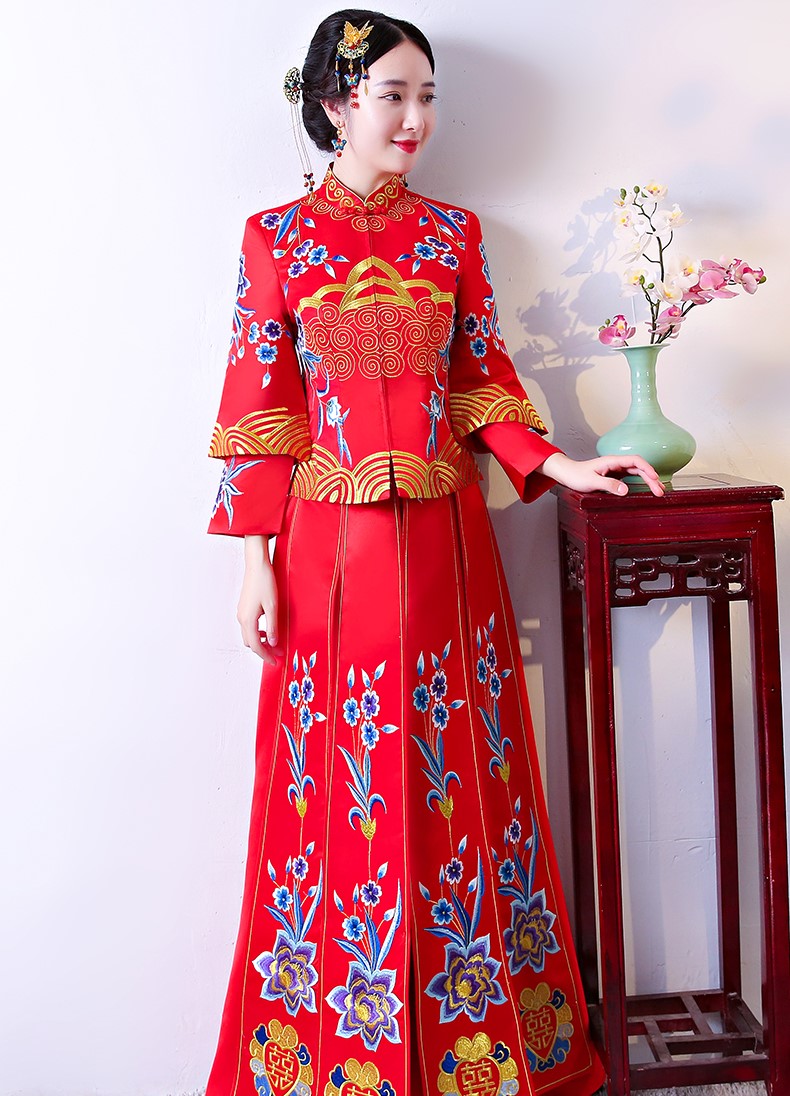 古典家佳樂文學(xué)中式禮服，牡丹多喜刺繡新娘禮服