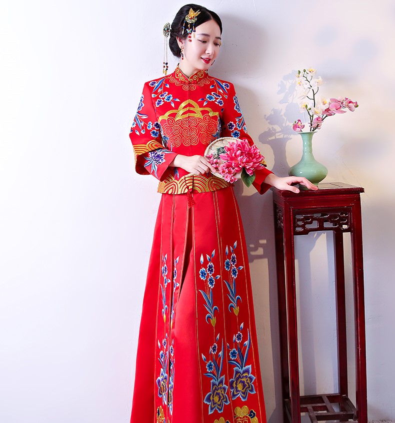 古典家佳樂文學(xué)中式禮服，牡丹多喜刺繡新娘禮服