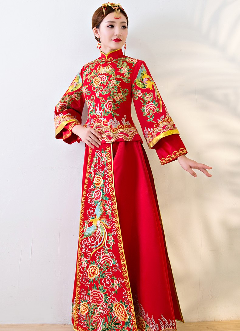 唯美家佳樂文學(xué)中式禮服，鳳牡丹刺繡新娘禮服