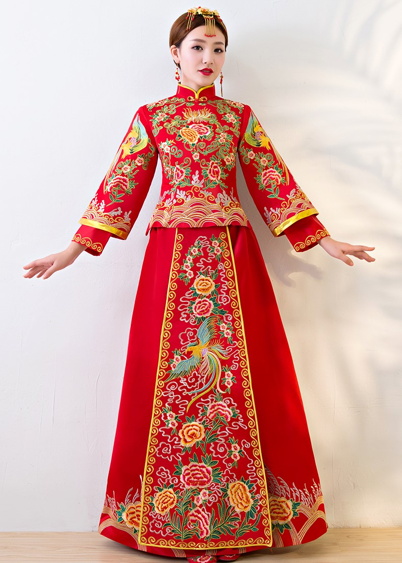 唯美家佳樂文學(xué)中式禮服，鳳牡丹刺繡新娘禮服