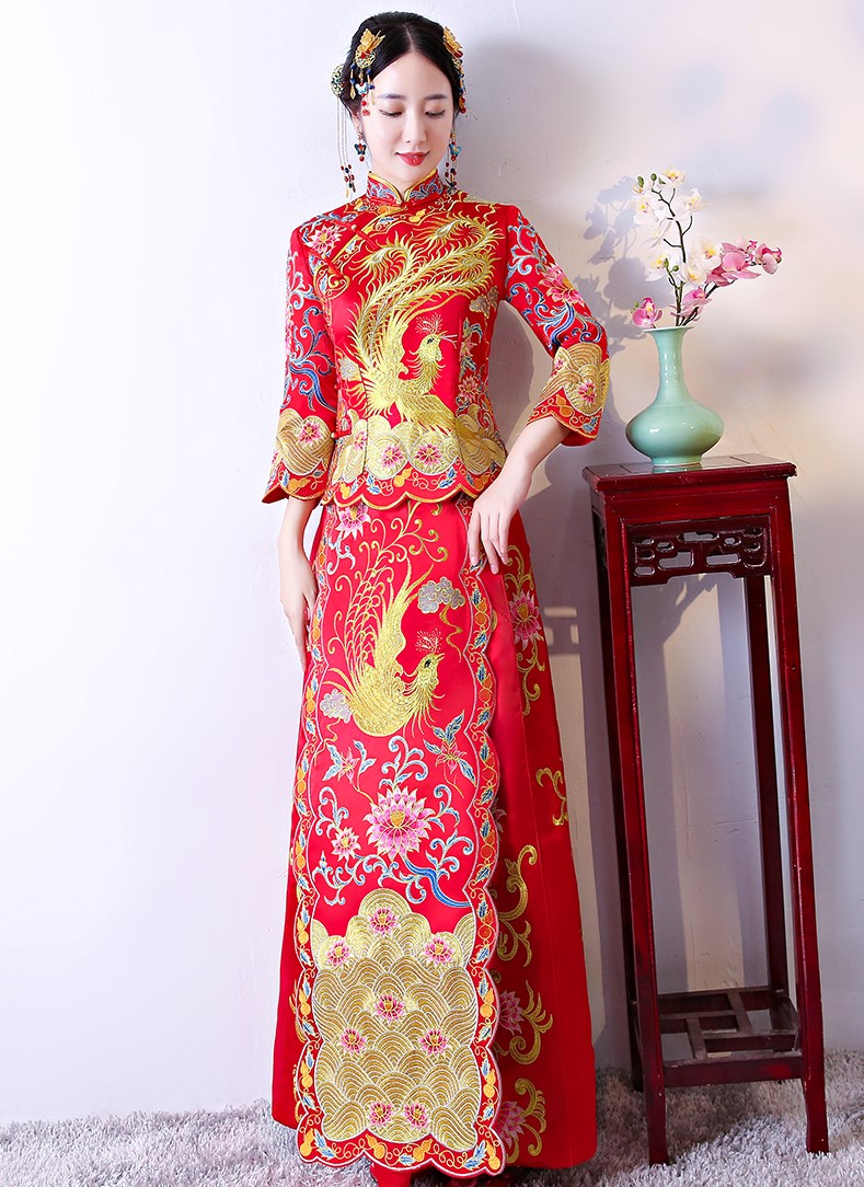 家佳樂文學(xué)龍鳳褂中式禮服，奢華鳳凰刺繡新娘禮服