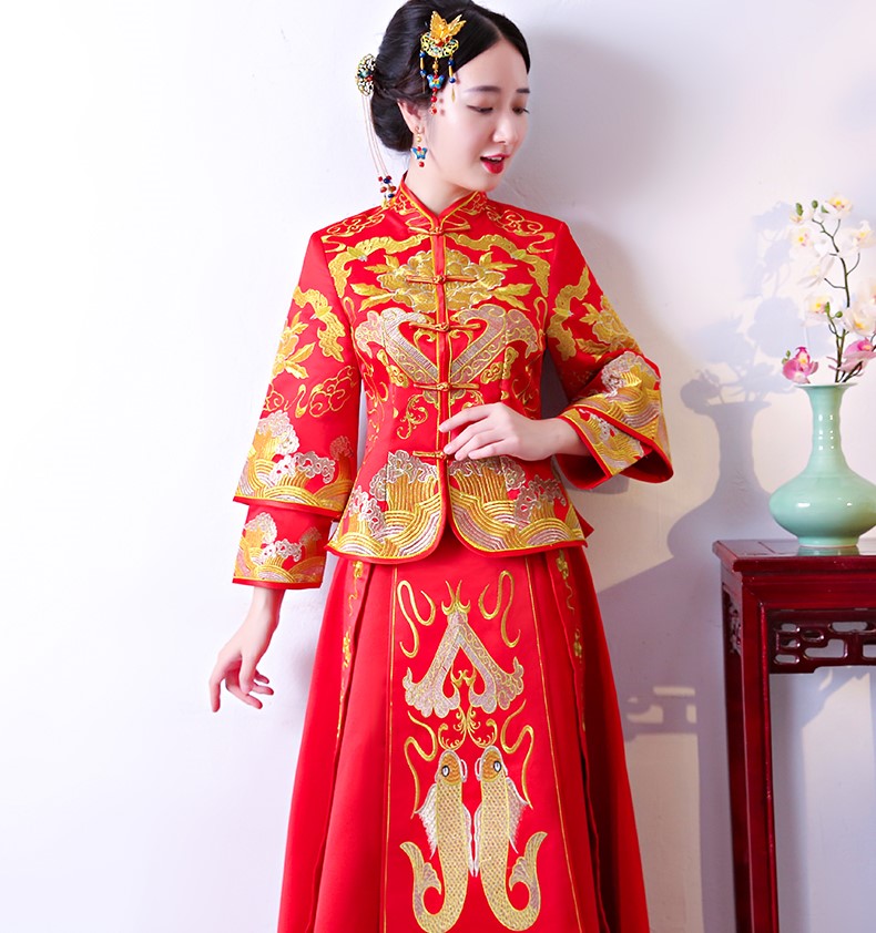 古典吉祥中式禮服，唯美鯉魚刺繡新娘禮服
