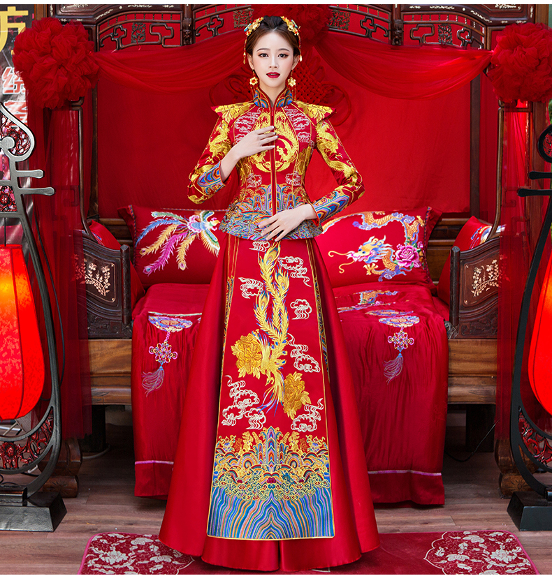 花開牡丹中式禮服，古韻悠揚奢華刺繡新娘禮服