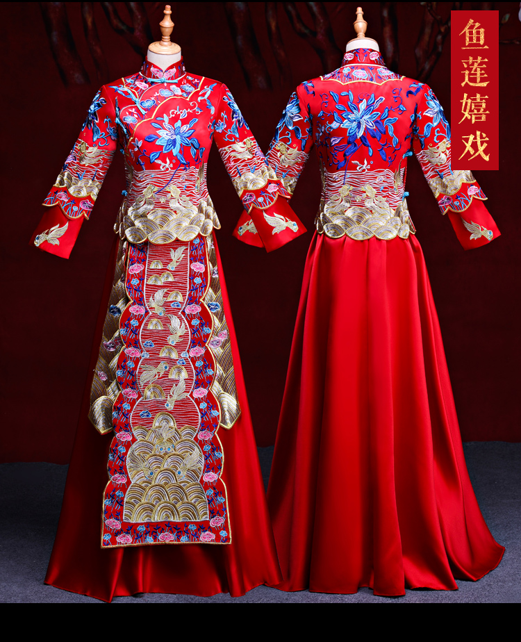 魚蓮嬉戲中式禮服，東方韻味新娘禮服