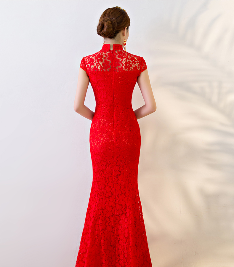 性感蕾絲魚尾中式禮服，華麗復(fù)古晚禮服