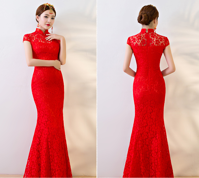 性感蕾絲魚尾中式禮服，華麗復(fù)古晚禮服