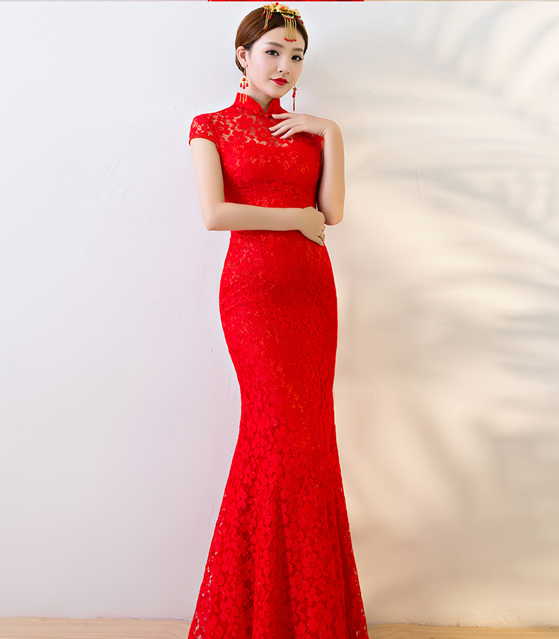 性感蕾絲魚尾中式禮服，華麗復(fù)古晚禮服