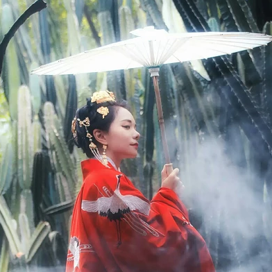 紅衣仙鶴帶傘女生頭像，唯美古風(fēng)真人頭像