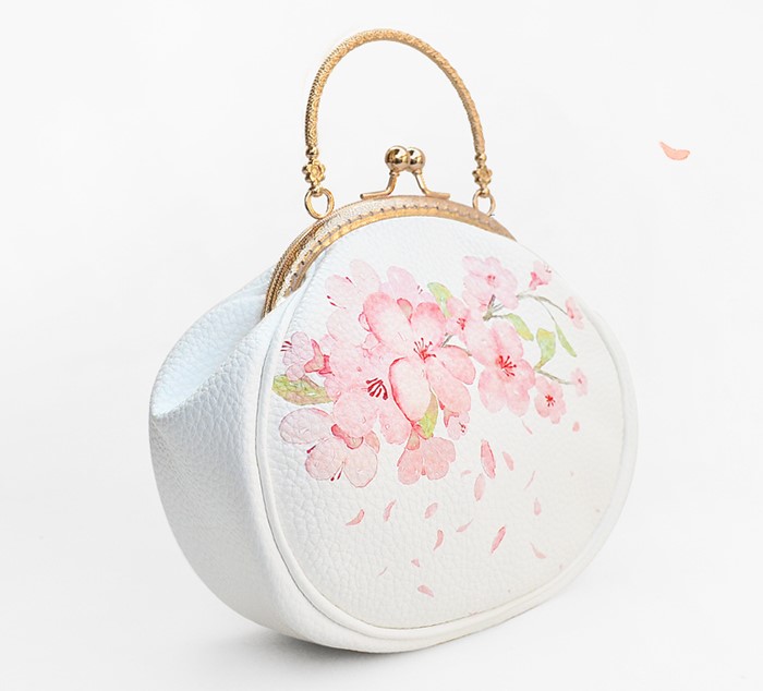 唯美清新桃花手提包，花朵古風(fēng)手工包