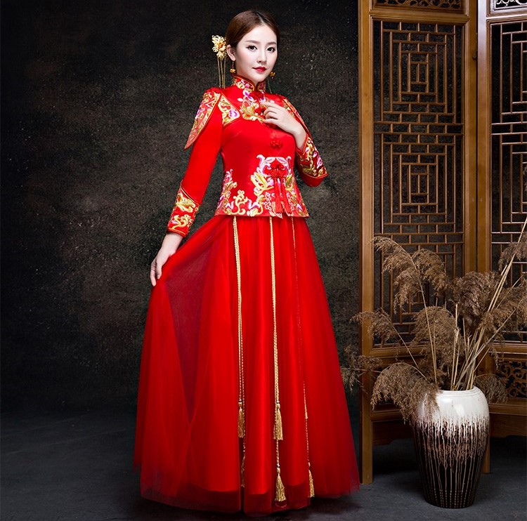 金玉良緣新娘禮服，小披肩中式禮服