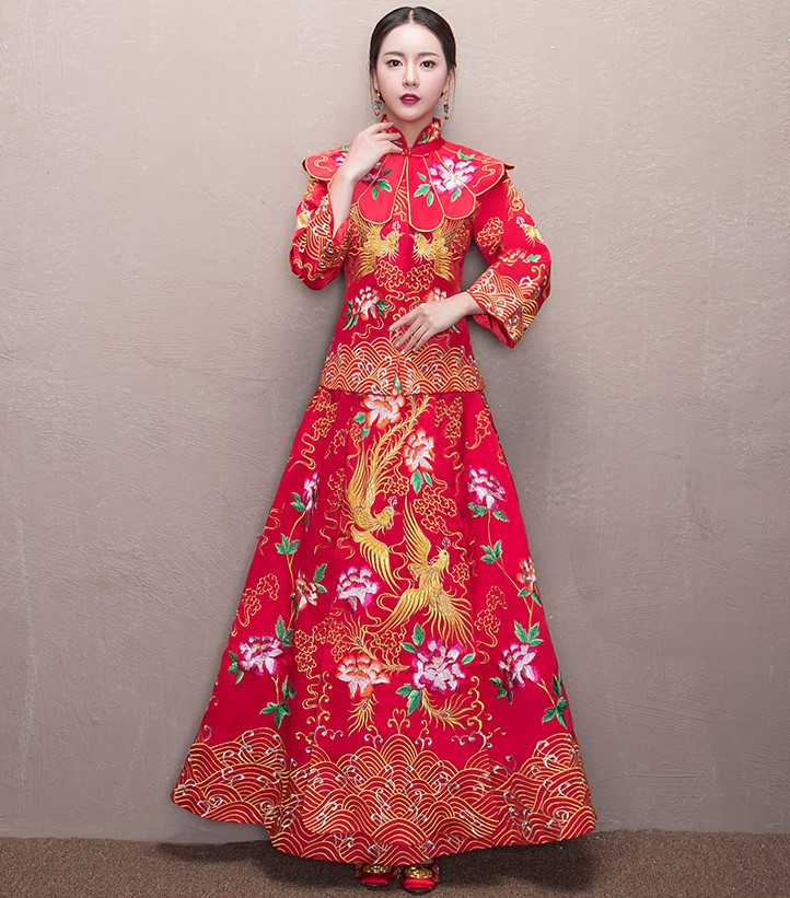 牡丹花領(lǐng)新娘禮服，古典刺繡中式禮服